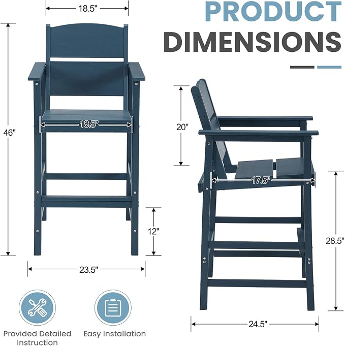 4 Pack HDPE Outdoor Bar Height Chairs, 28.5" All-Weather Patio Stools with Comfortable Armrests, Heavy-Duty Poly Wood High Top Seating for Outdoor Kitchen/Garden/Fire Pit/Backyard, Blue