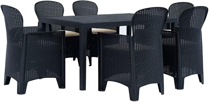 7 Piece Patio Dining Set Plastic Anthracite Rattan Look Outdoor Table and Chairs Weather Resistant Furniture with Cushions for Garden Backyard Camping Easy Assembly