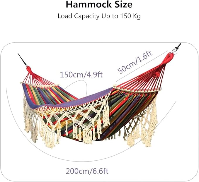 Cotton Canvas Tassel Hammock, Double Boho Hammocks with Macrame Fringe, Portable Camping Indoor Outdoor Garden Hammock Swing with Travel Bag, 150kg Load Capacity Pink Stripes