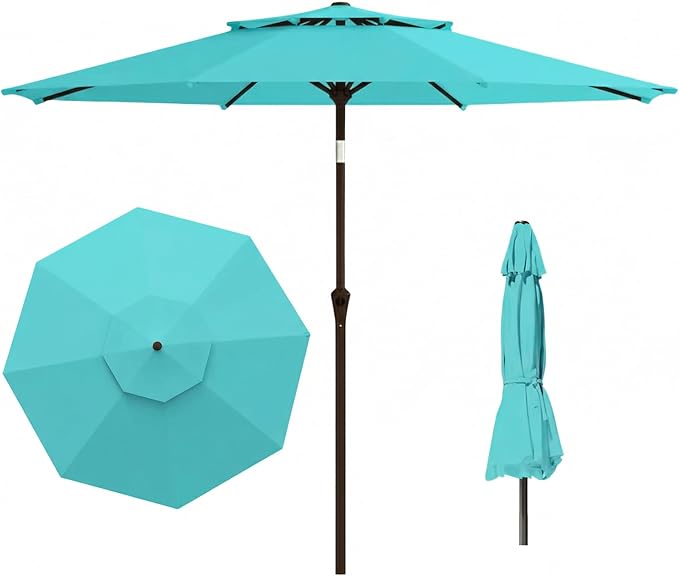 Outdoor Patio Umbrella, 2 Tiers Market Table Umbrella with 8 Sturdy Ribs, Push Button Tilt and Crank, UPF50+ UV Protection for Deck, Pool, Garden and Backyard