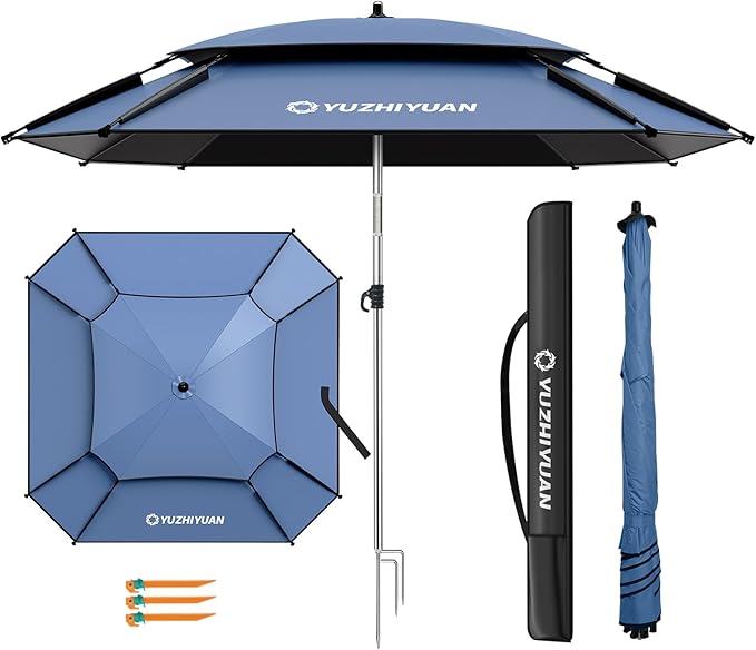 Patio Umbrella with Exclusive Black Coating, 7.2ft/7.8ft Heavy-Duty Double-Layer Nylon Canopy, Adjustable Tilt Sun Shade Outdoor Table Umbrella, UV Protection & Carry Bag for Beach, Fishing, Backyard