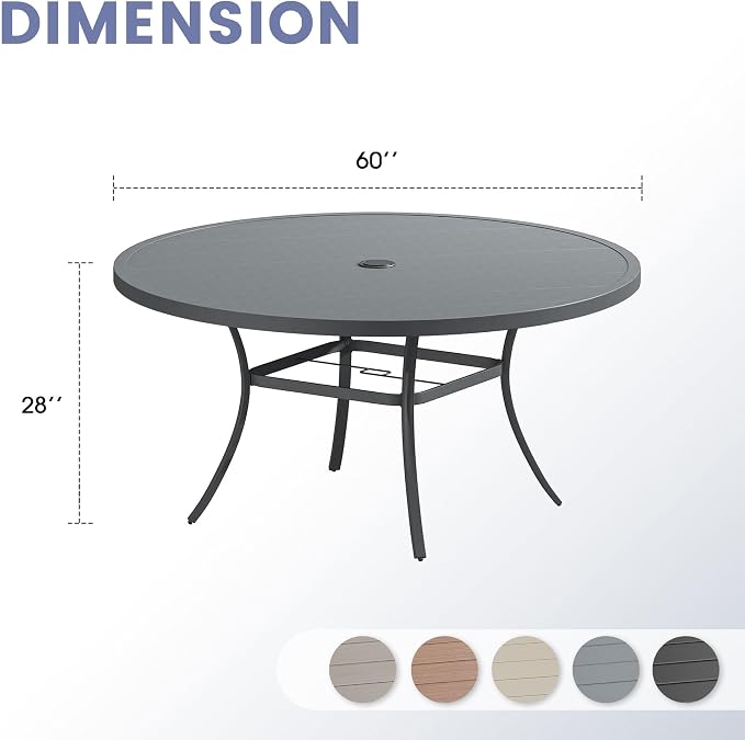 VICLLAX 60" Round Patio Table, Outdoor Dining Table for 8-10 with Umbrella Hole for Garden Lawn Deck Backyard, Dark Grey