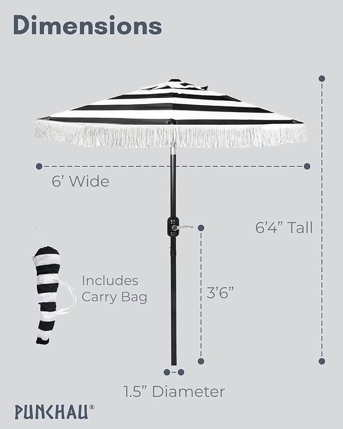 6 Ft Fringe Patio Umbrella - Outdoor Umbrella for Patio, Pool, Table, Garden, & Deck, Push Button Tilt Pole - Fashionable Vintage Tassels - White
