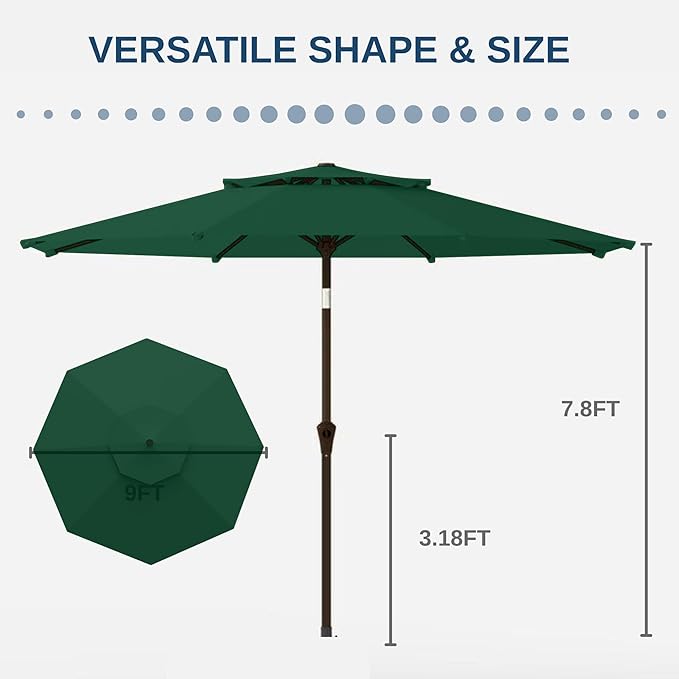 9FT Patio Umbrella 2-Tier Outdoor Market Table Umbrella with Push-Button Tilt & Crank | UPF 50+ & Waterproof for Backyard,Garden,Pool,Deck(Dark Green)