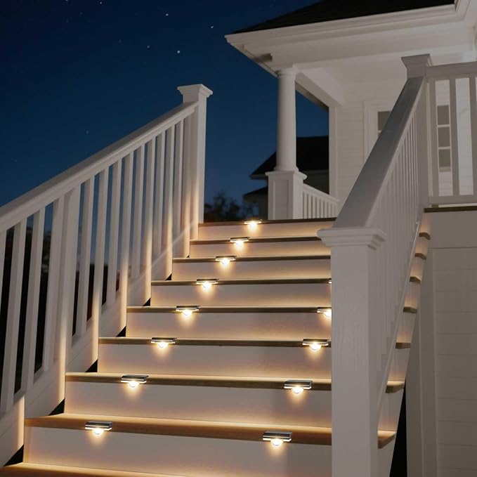 AGOTD Solar Stair Lights Outdoor Waterproof, 8 Pack Solar Step Lights for Outside Warm White Deck Lighting for Step, Stair, Porch, Railing, Patio, Yard, Front Door, Sidewalk, Poolside, Balcony