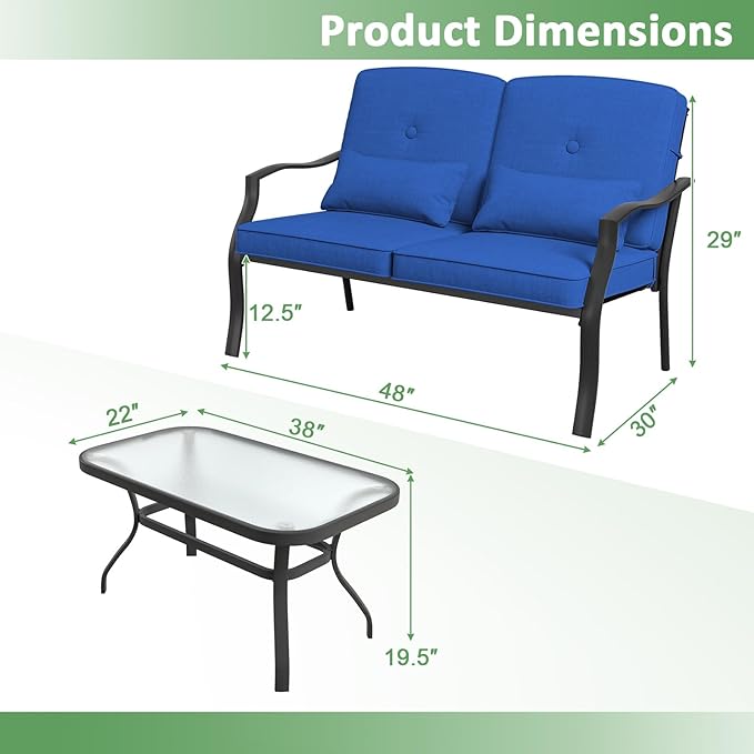 Tangkula 2 Piece Patio Furniture Set, Outdoor Loveseat Chair Set with Seat Back Cushions & Waist Pillows, Tempered Glass Coffee Table, Heavy-Duty Metal Sofa Set for Yard Garden Balcony Poolside
