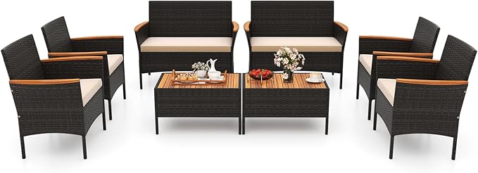 Tangkula 8 Pieces Patio Wicker Sofa Set, 2 Rattan Chairs & Loveseat w/Coffee Table, Acacia Wood Armrests & Tabletop, Outdoor Cushioned Conversation Set for Backyard, Poolside (2)