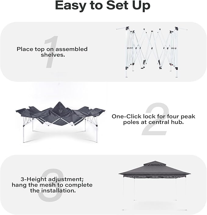 LAUSAINT HOME 11x11 Pop Up Gazebo Canopy Tent with Mosquito Netting, Instant One-Push Setup, Adjustable Height Outdoor Canopy Shelter with Carry Bag for Patio, Backyard, Camping, Parties & BBQs, Gray