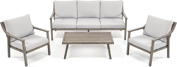 HAPPATIO 4-Piece Outdoor Patio Furniture Set for 5, Aluminum Outdoor Conversation Set Includes 1 Three-Seater Sofa, 2 Armchairs, and 1 Coffee Table, Perfect for Porch, Deck, Garden, (Grey)
