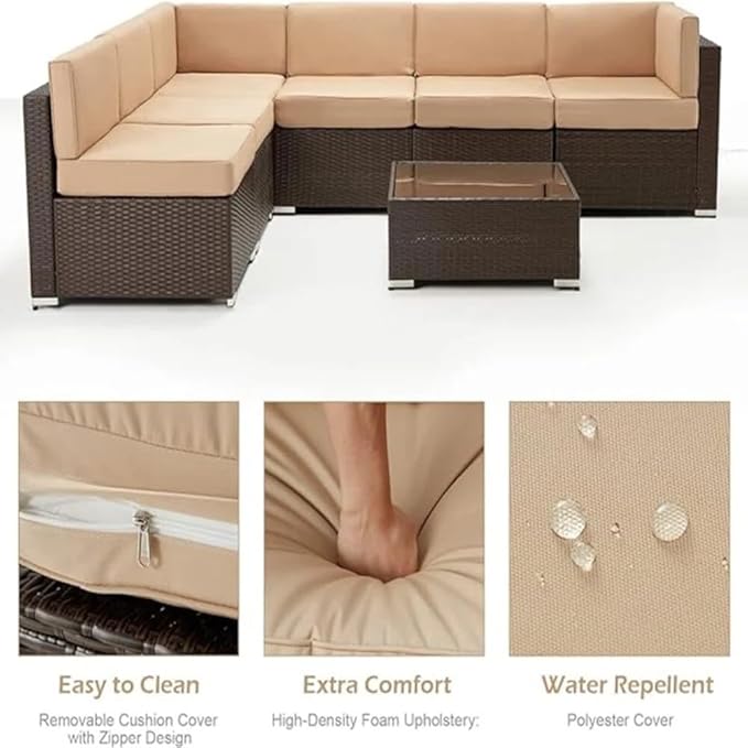 U-MAX 7 Piece Outdoor Patio Furniture Set with 30 Inch Fire Pit Table, PE Rattan Wicker Sofa Set, Outdoor Sectional Furniture Chair Set with Cushions and Tea Table, Brown Rattan&Beige Cushion