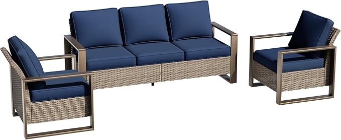 Wicker Patio 75" Sofa Set with Two Armchairs, All Weather Rattan Outdoor Conversation Furniture Set with Wood-Looking Metal Armrest & Removable Cushions for Deck Backyard Porch, Dark Blue