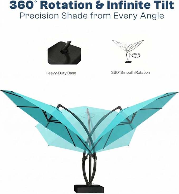 12 FT Cantilever Umbrella with Base Included, Large Round 360° Rotation Offset Umbrella Outdoor Patio, Heavy Duty Aluminum Frame, Sand-Weighted Stand, for Deck, Backyard, Pool, Garden (Teal)