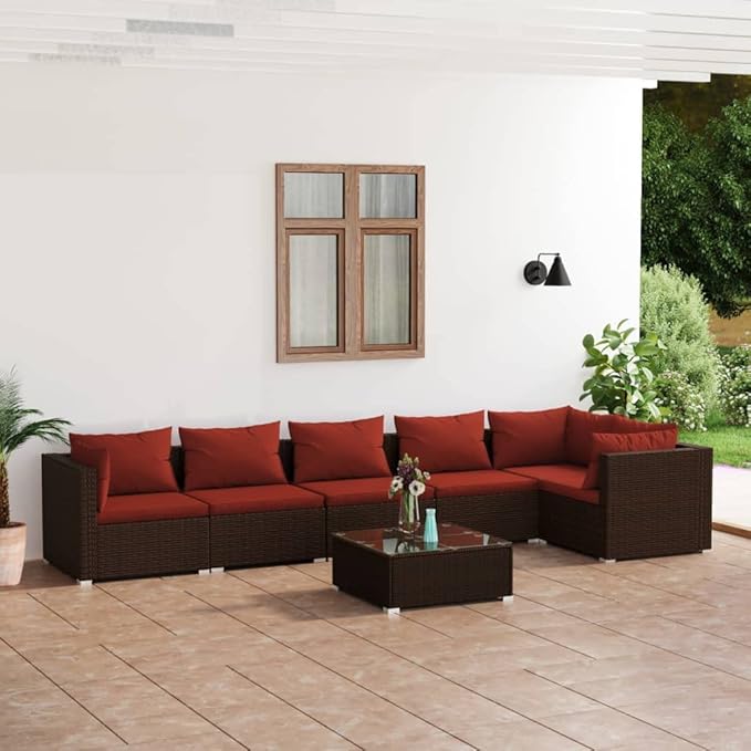 Patio Lounge Set with Cushions,Outdoor Table and Chairs Set,Terrace Conversation Set Furniture,Outdoor Furniture,for Garden,Backyard,7 Piece Poly Rattan Brown