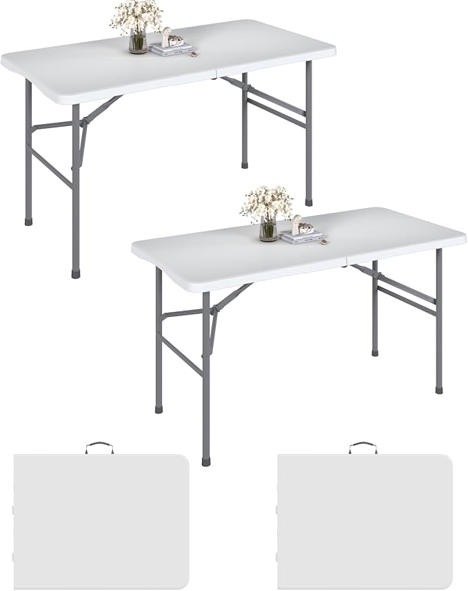 2 Pack 4FT White Folding Table for Outdoor, 4 Foot Picnic Tables No Assembly Required Portable, White Foldable Table for Camping, Parties, Meeting, Events, Wedding, with Carrying Handle