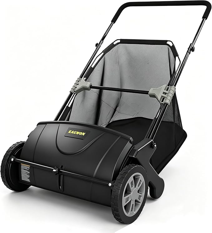 Push Lawn Sweeper, 21-Inch Width, 3.5 Cu. Ft. Hopper Capacity, 4 Spinning Brushes, Adjustable Height, Durable Steel Frame with Rubber Wheels, Black