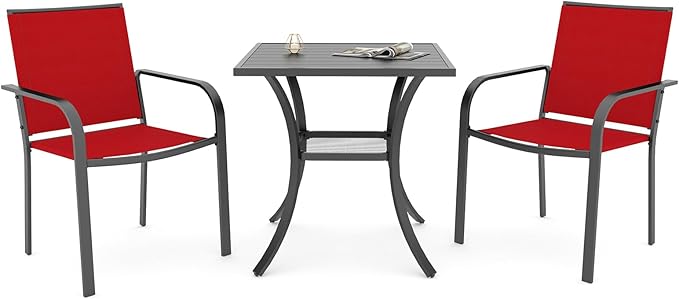 Anmutig 3 Piece 27.5" Outdoor Square Table and Chairs Small Patio Set for 2 Person, Cherry Red Stackable Chairs