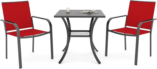 Anmutig 3 Piece 27.5" Outdoor Square Table and Chairs Small Patio Set for 2 Person, Cherry Red Stackable Chairs