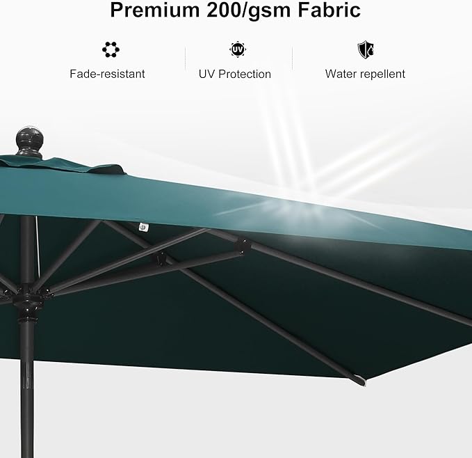 PURPLE LEAF 10' x 6.5' Rectangular Patio Umbrella Outdoor Table Umbrella Aluminum Frame Market Umbrella Sun Umbrella with 8 Sturdy Ribs & Tilt for Garden Deck Lawn & Pool Green