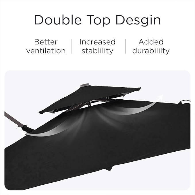 9' X 12' Patio Umbrella with Weighted Base and LED Lights Outdoor Cantilever Large Rectangle Offset Umbrellas Heavy Duty Aluminum Double Top with 360-degree Rotation for Pool Garden Deck, Black