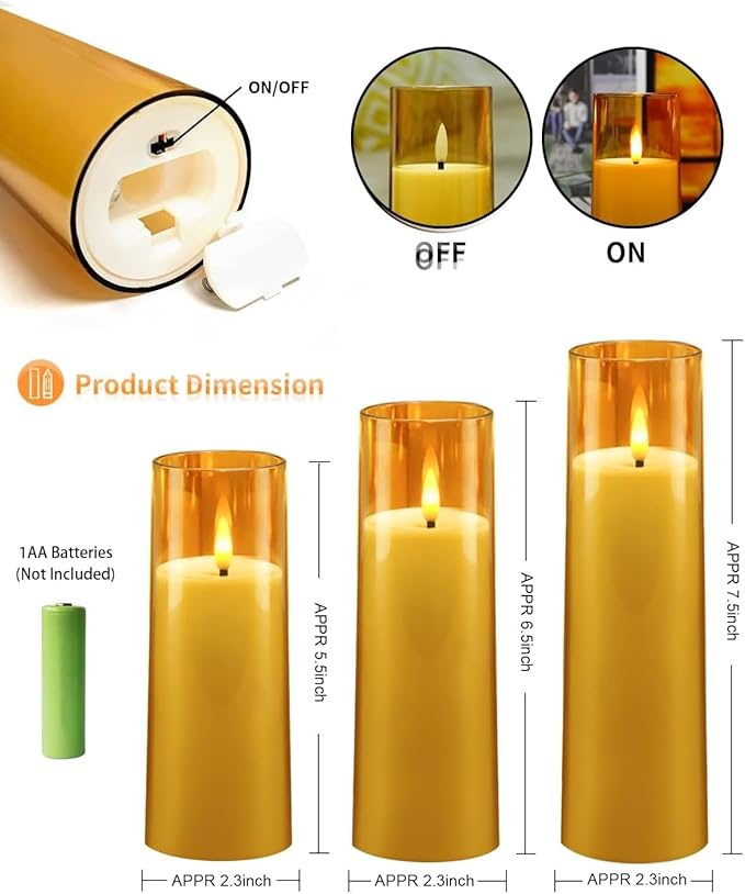kakoya Flickering Flameless Candles Battery Operated with Remote and 2/4/6/8 H Timer Acrylic Led Pillar Candles Pack of 9 (appr D2.3"xH5.5"6.5"7.5")with Realistic 3D Wick Candles for Home Decor(Gold)