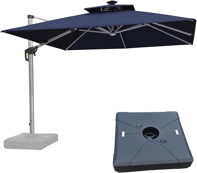 PURPLE LEAF 10 Feet Solar Powered LED Square Cantilever Umbrella With Base Patio Umbrellas Windproof Hanging Umbrella Outdoor Offset Umbrellas, Navy Blue