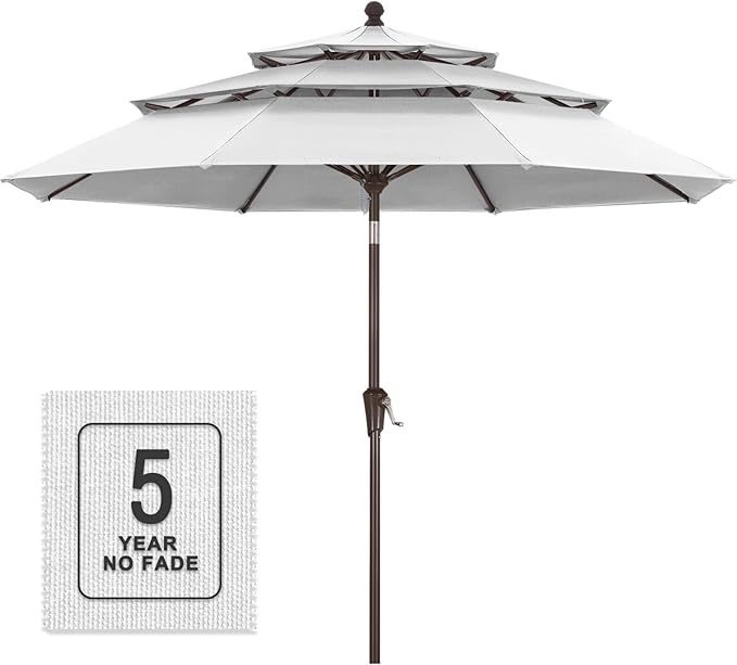 MASTERCANOPY 9ft 3-Tier Olefin Patio Umbrella with Tilt Crank, 5-Year-Non-Fading Canopy & 8 Fiberglass Ribs for Deck, Patio, and Garden, White