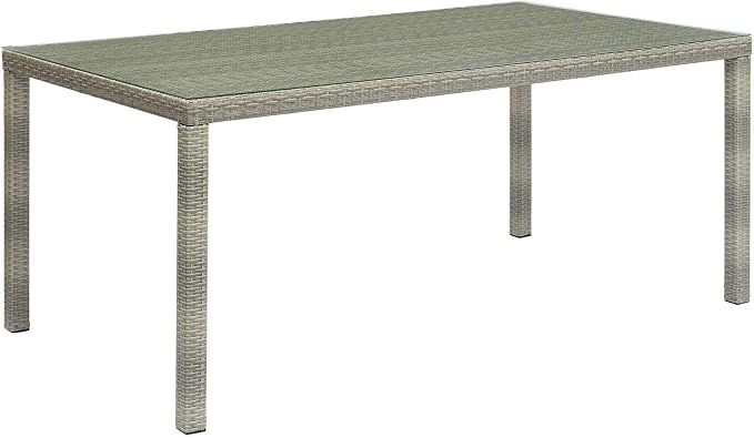 Modway Conduit Wicker Rattan Glass Outdoor Patio 70" Rectangular Dining Table in Light Gray
