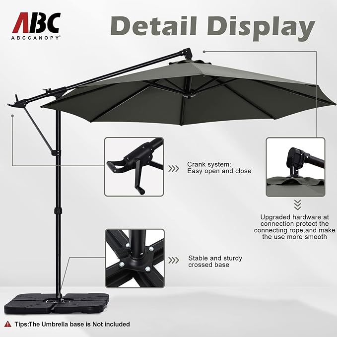 ABCCANOPY 10FT Cantilever Patio Umbrella with Base Stand, Offset Hanging Outdoor Umbrella, 360° Rotation & Tilt Adjustment,Suitable for Pool, Deck, Garden, Backyard（Dark Gray）