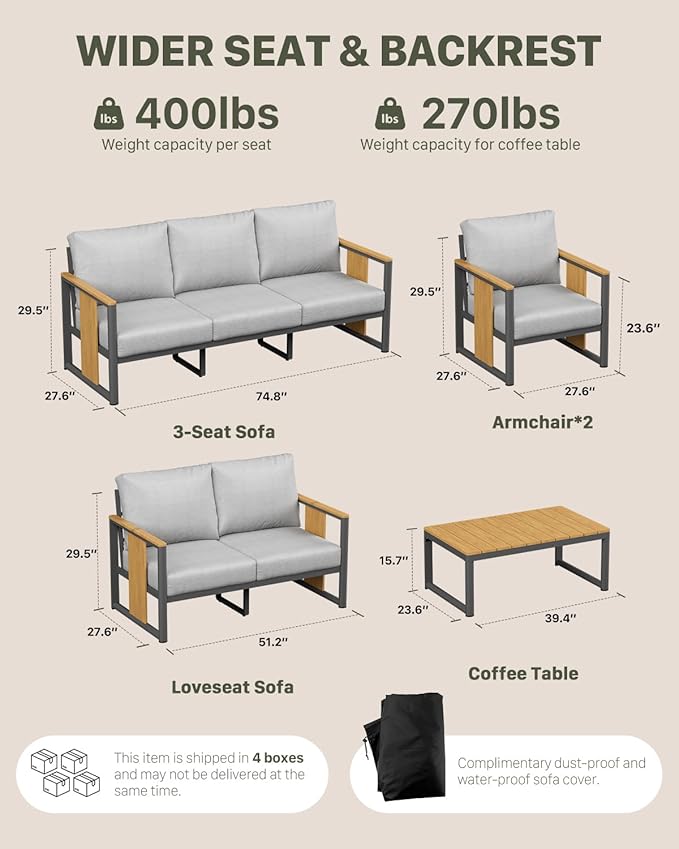ZANDOR Outdoor Aluminum Patio Furniture Loveseat All-Weather Outdoor Patio Sofa with Washable Thick Cushions, Patio Sectional Furniture for Porch, Balcony, Deck, Backyard