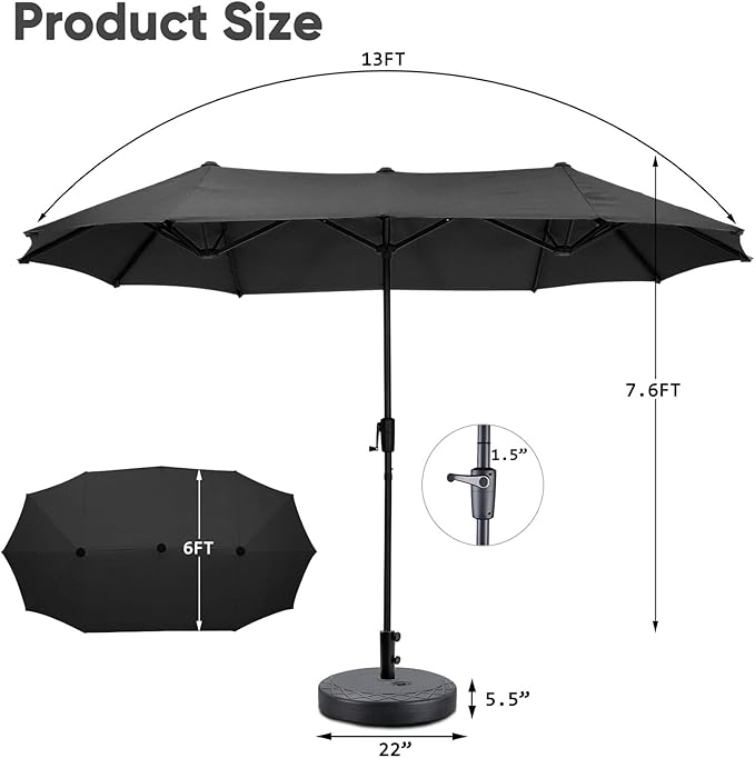 13Ft Large Patio Umbrella with Base Outdoor Double-Sided Market Extra Large Table Umbrella Easy Crank for Yard, Poolside, Deck-Black