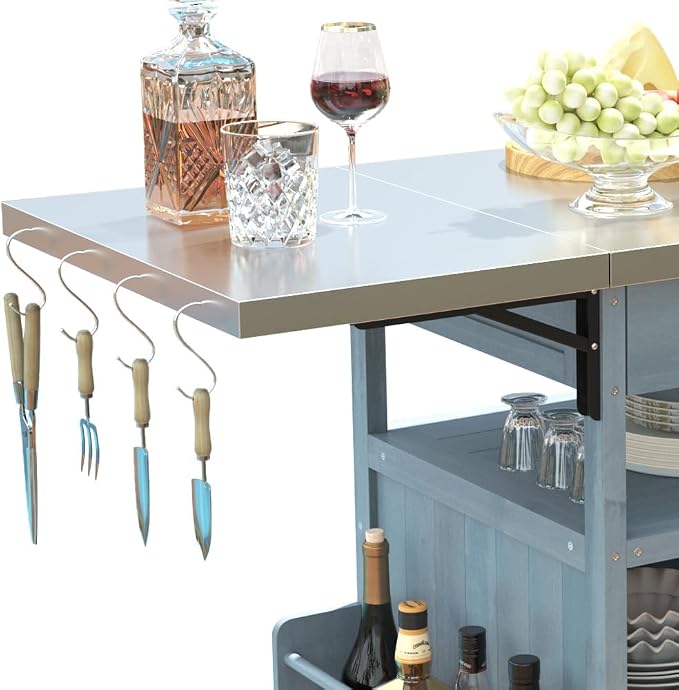 Outdoor Grill Cart with Stainless Steel Top, Solid Wood Outdoor Storage Cabinet with Drop Leaf, One Drawer, Towel Rack, Rolling Kitchen Cart with Lockable Wheels for Lawn Garden (Blue+Grey@072)