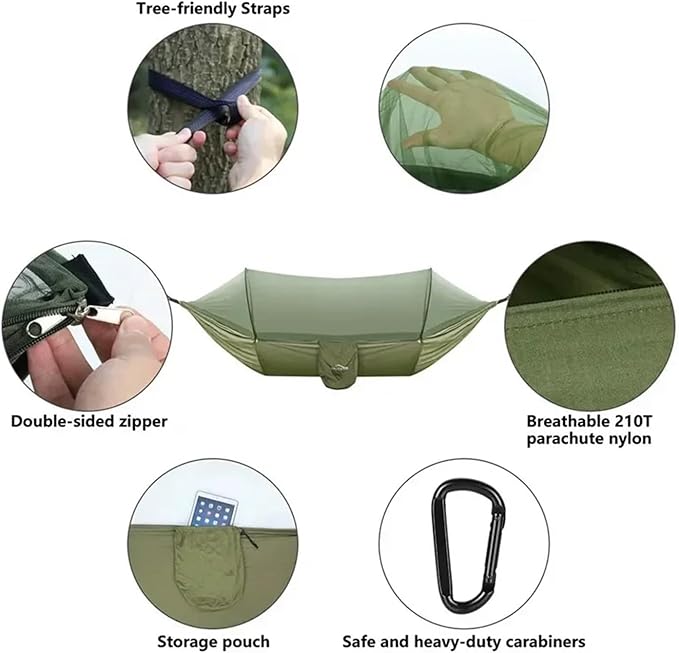 Hammock Camping Hammock with Mosquito Net Pop-Up Light Portable Outdoor Parachute Hammocks Swing Sleeping Hammock Camping Stuff Quick-Opening(Army Green-6 Rings)