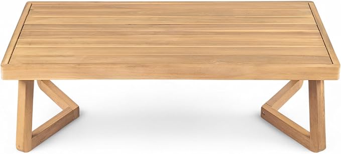 Christopher Knight Home Meiko Patio 2 Pieces Conversation Set, Acacia Wood Loveseat with Cushion and Coffee Table, Slat Panel Outdoor Sofa and Rectangular Table for Backyard Garden, Teak+Beige