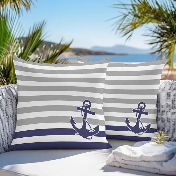 Throw Pillow Covers 18x18 Inch Set of 2, Anchor Gray Waterproof Outdoor Cushion Covers, Modern Navy Blue White Striped Nautical Decorative Pillowcases for Couch, Sofa, Bed, Garden, Patio