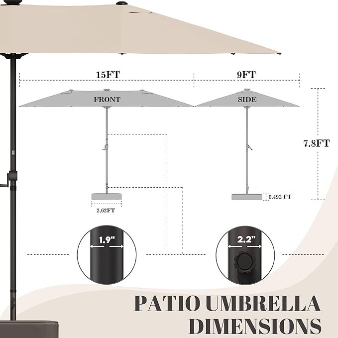 GDPFN 15ft Rectangular Patio Umbrella with Solar LED Lights, Double-Sided Outdoor Market Umbrella with Base Included, Extra Large Shade for Pool, Deck, Backyard, Garden, Beige