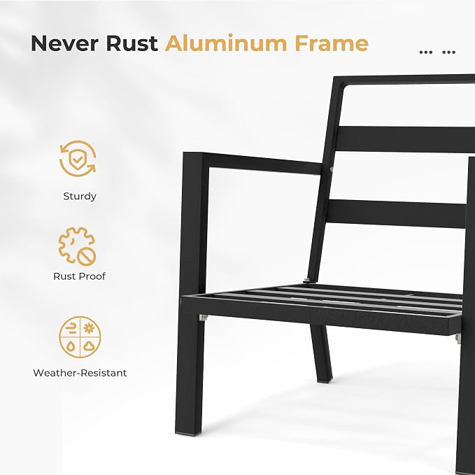HAPPATIO Aluminum Patio Furniture Set, 4 Pieces Conversation Set with Thick Cushions and Coffee Table, All Weather Loveseat Waterproof and Rustproof for Garden, Backyard, Porch, Black