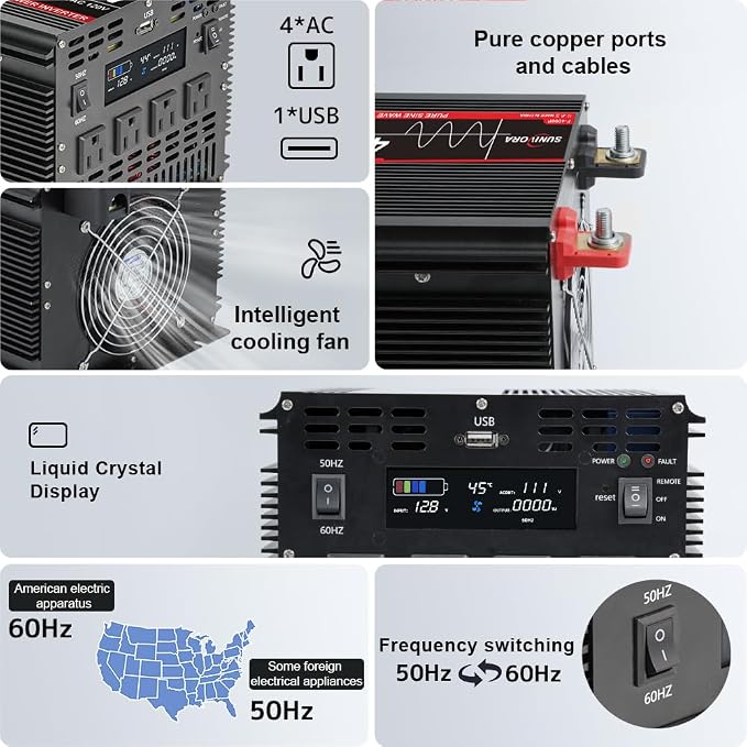4000 Watt Pure Sine Wave Power Inverter, 12V DC to 110V/120V AC Converter 8000W Peak, with Remote Control LCD, 4 AC Outlets & USB Port & Hardwire Terminal, for Car Truck RV Camping Solar System EPS