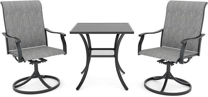 Anmutig 3 Piece Outdoor Patio Bistro Dining Set with 2 Swivel Dining Chairs & 1 Square Metal Dining Table, All Weather Dining Furniture Set for Lawn Garden Grey