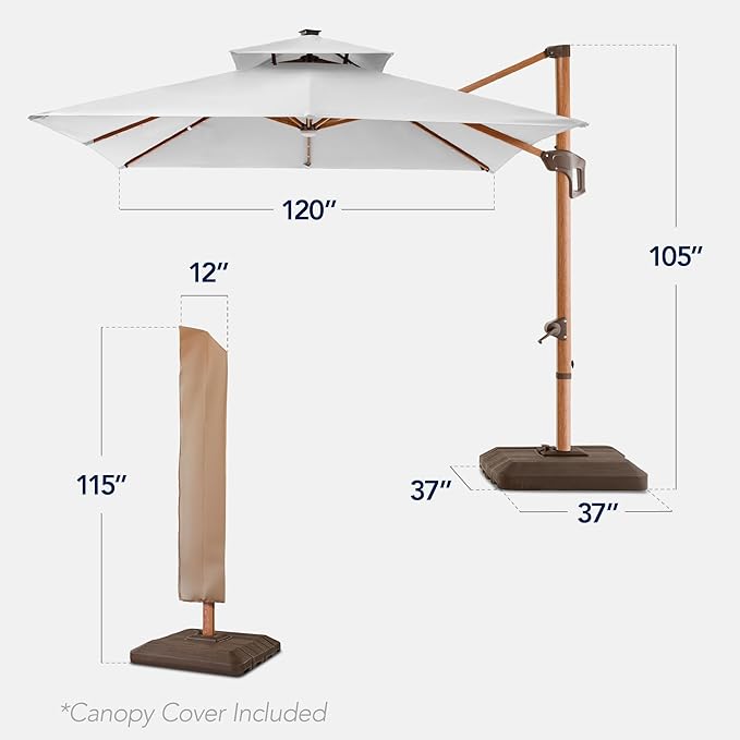 Best Choice Products 10ft Square Cantilever Patio Umbrella w/Base Included, Woodgrain Pattern Pole & Solar LED Lights, 360-Rotation, Offset Hanging Outdoor Shade