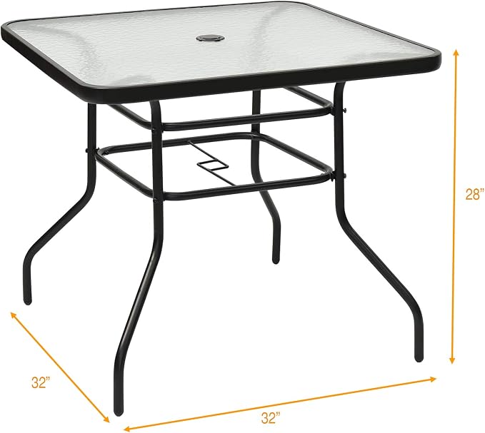 S AFSTAR Bistro Table Outdoor, Square Dining Coffee Table with Umbrella Hole & Tempered Glass Tabletop, Outdoor Patio Pub Table for Patio Garden Poolside Balcony Backyard, 32”L x 32”W x 28”H