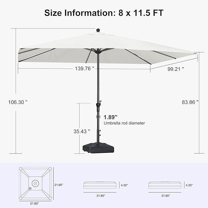 PURPLE LEAF 11.5' x 8' Rectangle Patio Market Umbrella with Base Outdoor Table Umbrellas Aluminum Frame Sun Shade with 8 Sturdy Ribs for Garden Deck Lawn Pool White