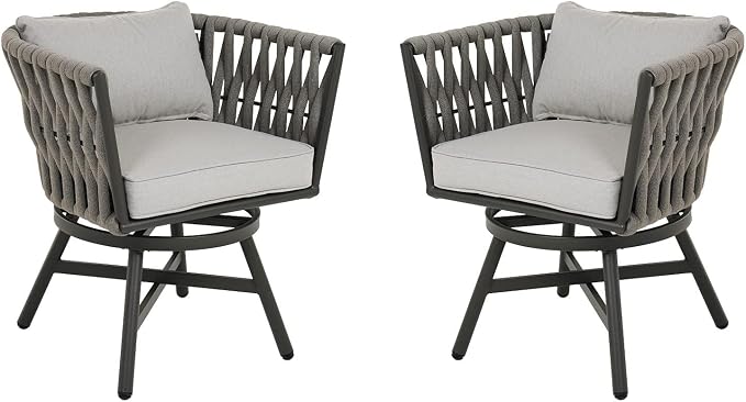 Grand patio Swivel Dining Chairs Set of 2, Rope Patio Outdoor Chairs with Cushions, Heavy Duty Outdoor Patio Bistro Chairs for Lawn,Garden,Deck,Backyard,Porch and Balcony, Light Gray