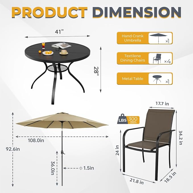 5-Piece Patio Dining Set with Umbrella,4 Person Outdoor Table and Chairs Set, 4 Metal Dining Chairs and Round Outdoor Table with 1.57" Umbrella Hole,Khaki