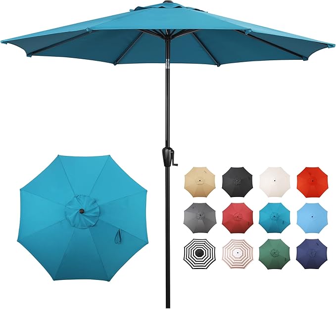 Sun-Ray 9' Round Patio Umbrella with Push-Button Tilt and Hand Crank Lift System, Market Umbrella for Porch, Deck, and Patio