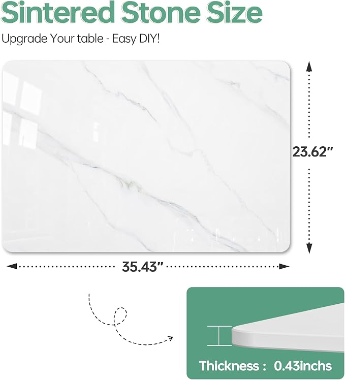 Rectangle Table Top,35.4” x 23.6 ” White Sintered Stone Tabletop, DIY Replacement & Cover Marble Desktop, Scratch & Wear Resistant, Easy to Clean, Suitable for Indoor & Outdoor