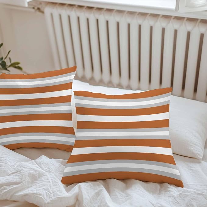 Throw Pillow Covers 20x20 Inch Set of 2, Burnt Orange Grey Stripe Waterproof Outdoor Pillow Covers, Minimalist Farmhouse Striped Decorative Cushion Pillowcases for Couch, Sofa, Bed, Garden, Patio