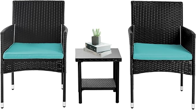 PayLessHere Set of 3 Outdoor Furniture Set Heavy Duty Patio Furniture Set Sturdy Conversation Set with 2 Rattan Chairs Glass Top Coffee Table Seat Cushions for Coffee Bar Poolside Patio Outdoor, Blue