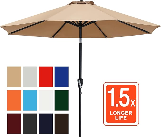 ABCCANOPY 11FT Patio Umbrella, Waterproof Table Umbrella with Push Button Tilt and Crank, 8 Ribs UV Protection Pool Umbrella for Garden, Lawn, Deck & Backyard (Khaki)