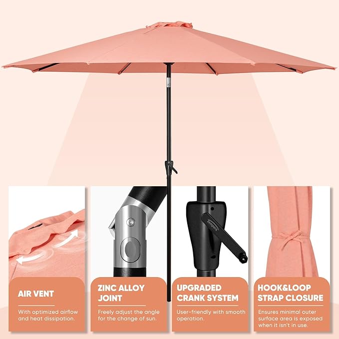 Tempera Patio Market Outdoor Table Umbrella with Push Button Tilt and Crank, Large Sun Umbrella with Sturdy Pole & Fade Resistant Canopy, Easy to Set