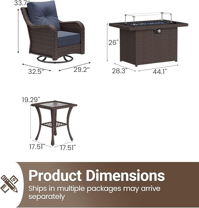 7 Pieces Outdoor Furniture Set with 6-inch Cushions, High Back Wicker Swivel Rocker Chairs with Fire Pit Table, Luxury Conversation Set for Deck Patio and Poolside